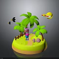 Palm Trees on Small Green Island with Cartoon Character Black Birds and Rocket Decoration