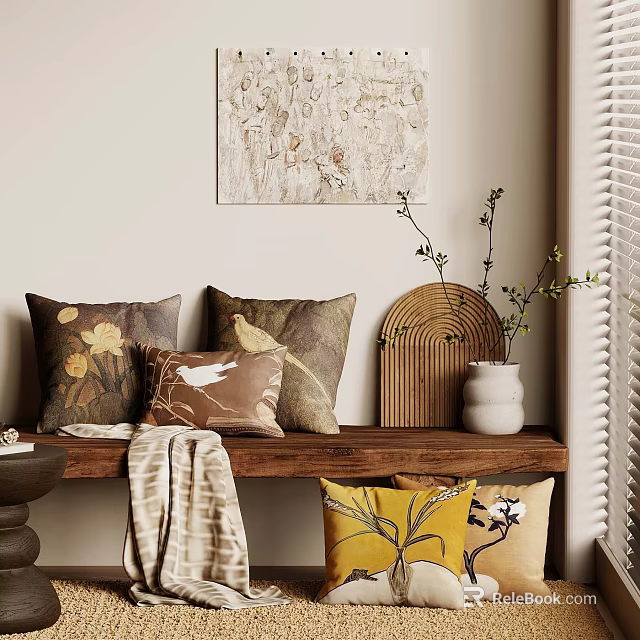 Cozy Interior Decor With Wooden Shelf Floral Pillows Wicker Basket And Abstract Art 3d model 