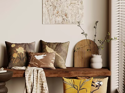 Cozy Interior Decor With Wooden Shelf Floral Pillows Wicker Basket And Abstract Art 3d model