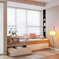 Cozy Bay Window Nook With Striped Cushion Pillows Drawer Storage Potted Plant And Floor Lamp