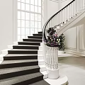 Curved Staircase with Black Metal Railing Wooden Steps Large Window and Natural Light