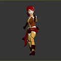 Red Haired Woman In Red And Yellow Outfit Standing And Pointing Forward