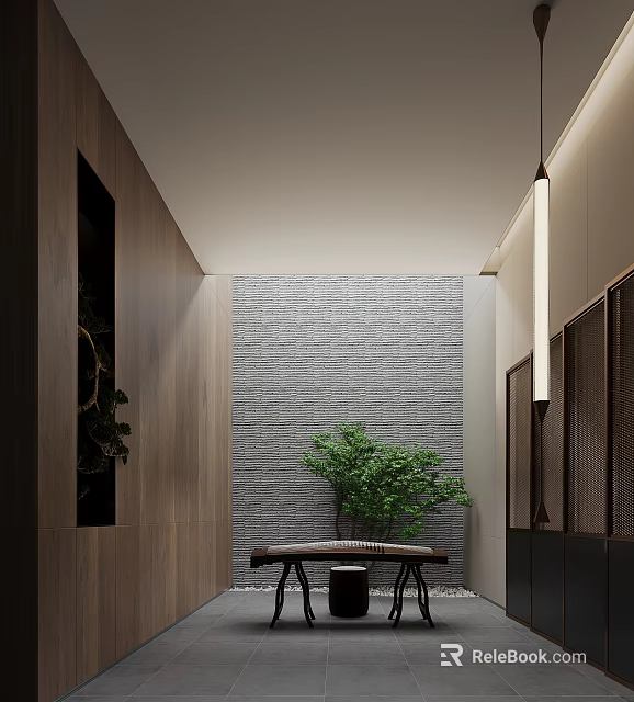 Modern Relaxation Room Interior With Wooden Walls Stone Accent And Greenery 3d model 