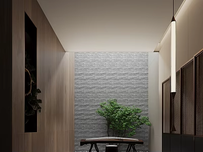 Modern Relaxation Room Interior With Wooden Walls Stone Accent And Greenery 3d model