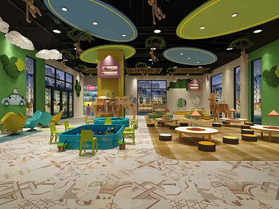 Colorful Kindergarten Interior With Circular Ceilings Green Walls and Play Equipment 3d model