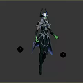 Elaborate Fantasy Character With Green Glowing Armor Horns Dual Weapons And Floating Spheres