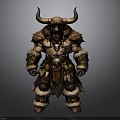 Mythical Horned Man With Muscular Build Fur Armor And Feather Decorations