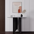 Modern Minimalist Console Table With Decorative Vase Wall Art And Sculptures