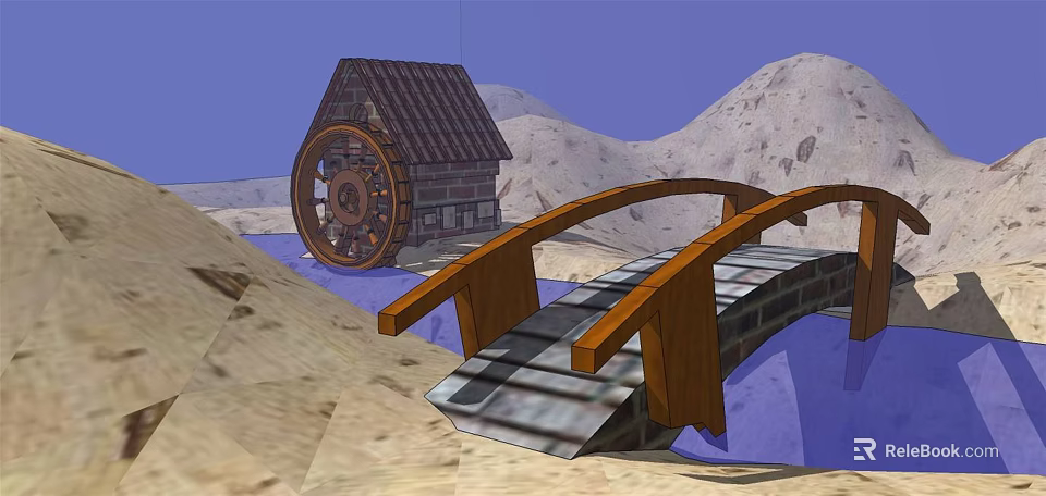 Cartoon Scene With Wooden Bridge Watermill Small House And Mountain Background 3d model 