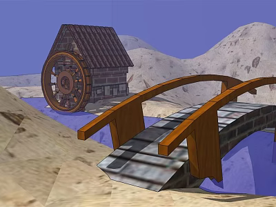 Cartoon Scene With Wooden Bridge Watermill Small House And Mountain Background 3d model