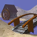 Cartoon Scene With Wooden Bridge Watermill Small House And Mountain Background