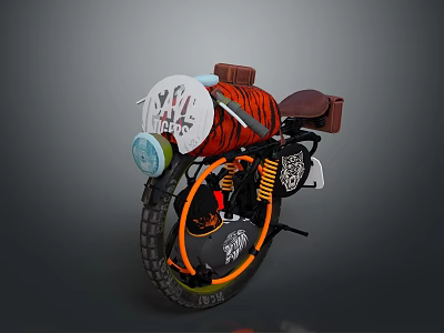 Stylish Vintage Motorcycle With Orange Black Color Scheme Unique Tank Art And Brown Leather Seat 3d model