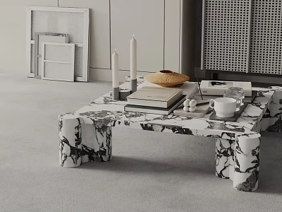 Modern Marble Coffee Table with Books Candles and Coffee Cup in Living Room 3d model