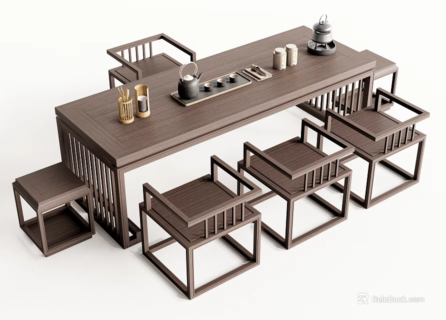 Traditional Chinese Wooden Tea Table Set With Chairs And Simple Design Elements 3d model
