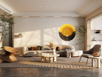 Modern Living Dining Room Interior With Beige Sofa Coffee Table Circular Sunset Art And Plants 3d model