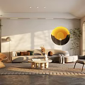 Modern Living Dining Room Interior With Beige Sofa Coffee Table Circular Sunset Art And Plants