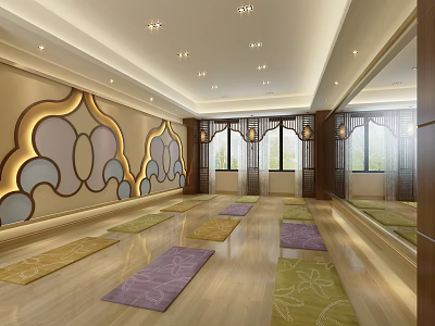 Spacious Yoga Studio Interior With Multiple Colored Mats Decorative Wall And Windows 3d model