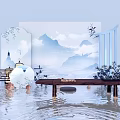 Traditional Chinese Interior With Mountain Landscape Lit Lantern Wooden Table Bonsai And Water Reflection