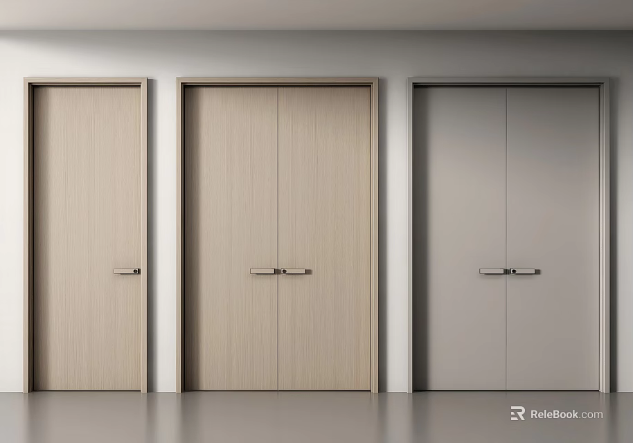 Modern Minimalist Home Interior With Wooden And Gray Double Doors 3d model 
