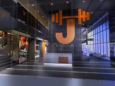 Modern Fitness Gym Interior With Orange J Shaped Dumbbell Logo And Glass Walls 3d model