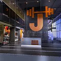 Modern Fitness Gym Interior With Orange J Shaped Dumbbell Logo And Glass Walls