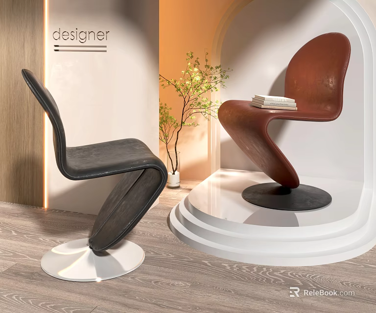Modern Designer Accent Chairs Black Brown Curved Leather Design Showcased On Pedestal With Plant 3d model 