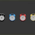 Row Of Colored Alarm Clocks With Bells White Dials On Gray Background With Reflections