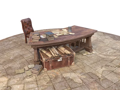 Vintage Wooden Desk With Books Documents Leather Trunk And Chair On Stone Floor 3d model