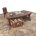 Vintage Wooden Desk With Books Documents Leather Trunk And Chair On Stone Floor