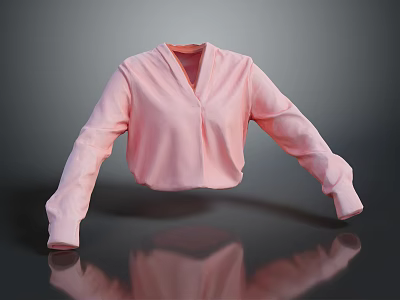 Pink Long Sleeve V Neck Loose Fit Flowy Top For Daily Wear 3d model