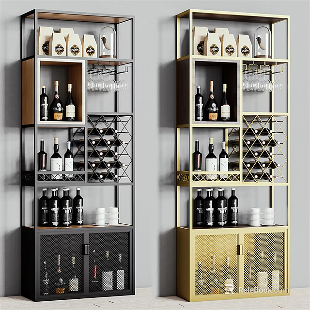 Modern Wine Cabinet With Gray And Gold Finish Wine Bottles Racks And Glasses 3d model 