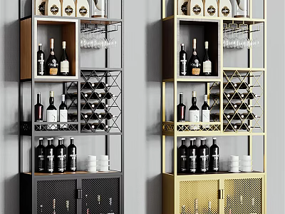 Modern Wine Cabinet With Gray And Gold Finish Wine Bottles Racks And Glasses 3d model