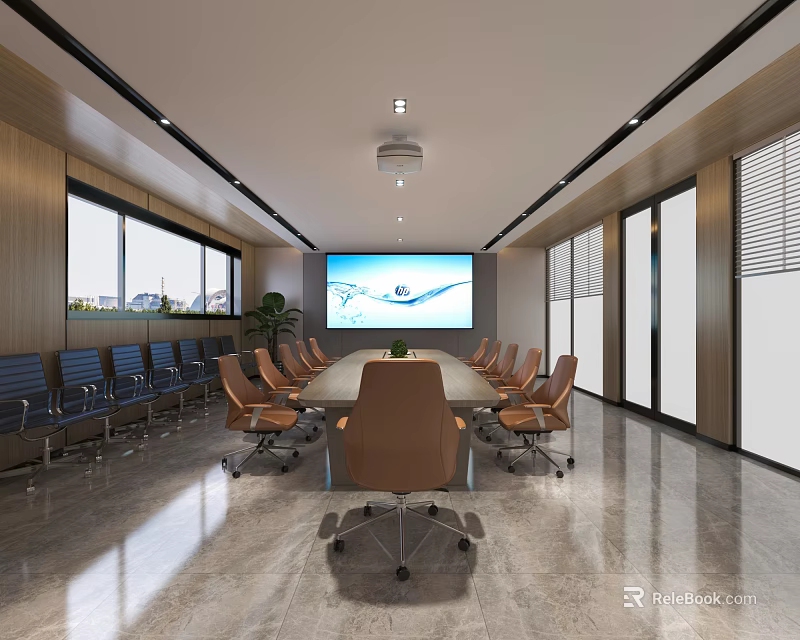 Modern Conference Room Interior With Long Table Chairs Large Screen And Windows 3d model