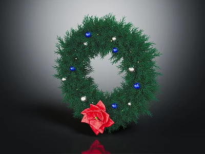 Green Plant Wreath Decorated With Blue White Balls And Red Flower Accent 3d model