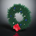 Green Plant Wreath Decorated With Blue White Balls And Red Flower Accent