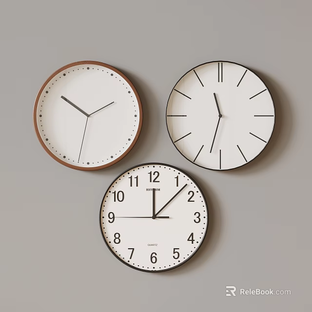 Three Stylish Wall Clocks With Different Frame Designs And White Dials 3d model 