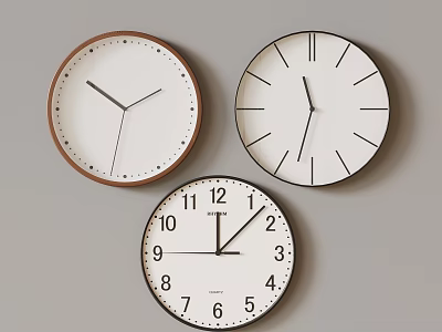 Three Stylish Wall Clocks With Different Frame Designs And White Dials 3d model