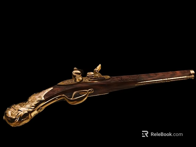 Antique Flintlock Pistol With Intricate Golden Engravings And Wooden Stock 3d model 