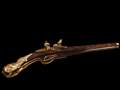 Antique Flintlock Pistol With Intricate Golden Engravings And Wooden Stock 3d model