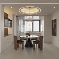 Modern Restaurant Interior With Round Dining Table Chairs Pendant Light Windows And Decorative Artwork
