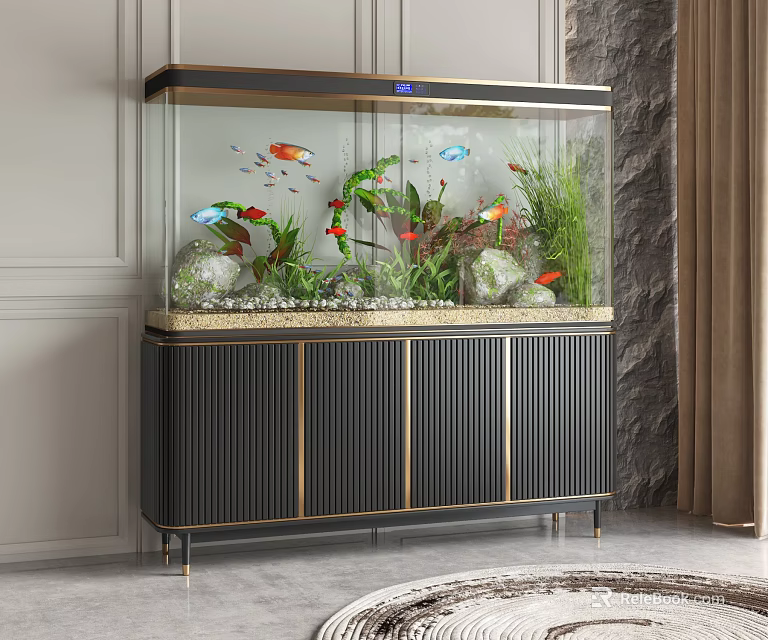 Elegant Home Aquarium With Colorful Fish Green Plants And Decorative Cabinet 3d model 