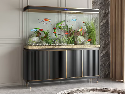 Elegant Home Aquarium With Colorful Fish Green Plants And Decorative Cabinet 3d model
