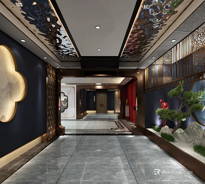 Luxurious Elevator Hallway With Chinese Elements Marble Floor Carved Ceiling And Green Plants 3d model