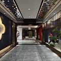 Luxurious Elevator Hallway With Chinese Elements Marble Floor Carved Ceiling And Green Plants 3d model