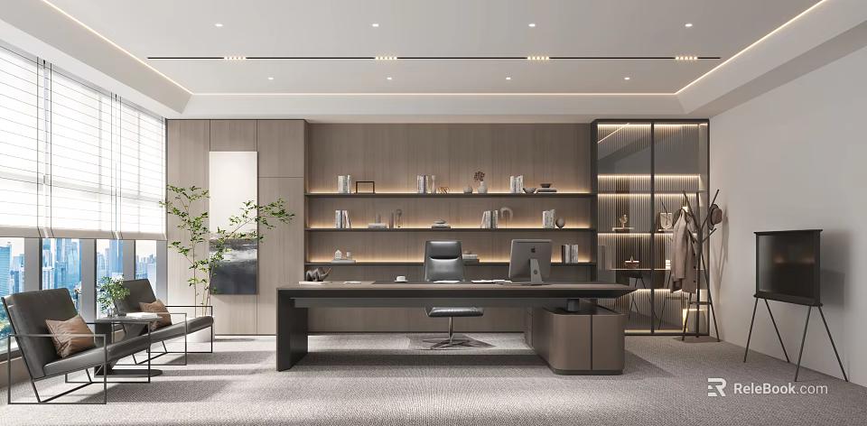 Modern Office Interior Design With Executive Desk Bookshelves Floor To Ceiling Windows And Green Plant 3d model 