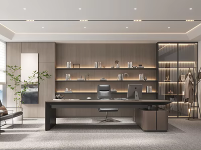 Modern Office Interior Design With Executive Desk Bookshelves Floor To Ceiling Windows And Green Plant 3d model