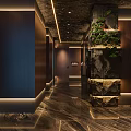Elegant Hotel Lobby Featuring Large Blue Waterfall Painting Illuminated Reception Desk Computer And Wooden Floor