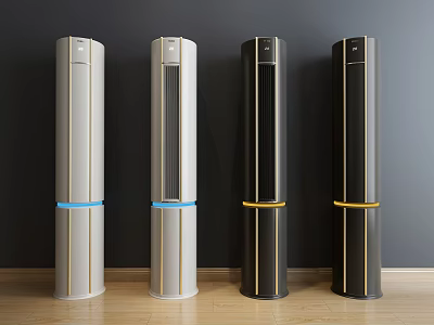 Four Stylish Tower Air Cooler Fans With Blue And Gold Accent Bands Against Dark Wall 3d model