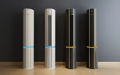 Four Stylish Tower Air Cooler Fans With Blue And Gold Accent Bands Against Dark Wall 3d model