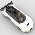 White Streamlined Sports Car Built with Building Blocks Featuring Yellow Headlights Black Roof and Spoiler